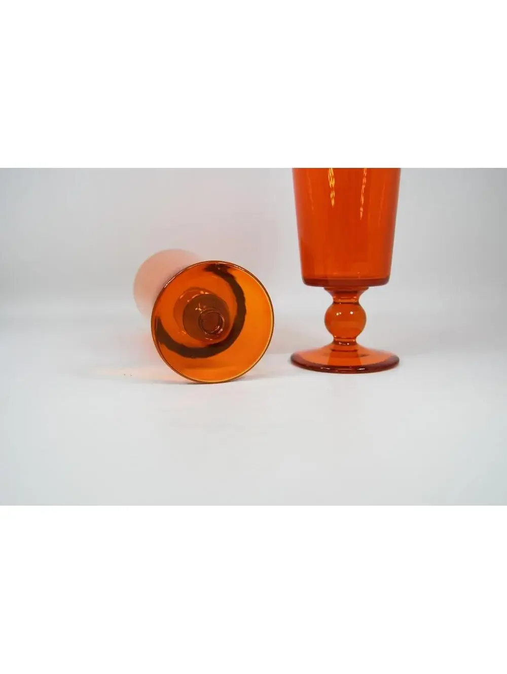 Mid Century Orange Glass Water Goblet Bubble Knob Stem 7